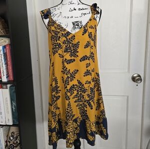 Maaji Mustard Yellow and Navy Midi Dress, Size Large, Ruffle Sleeve
